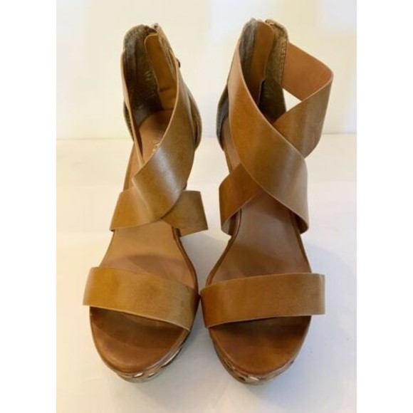 Charming Charlie Women's 7 Brown Faux Leather Wedge Sandals Heels - Picture 2 of 8